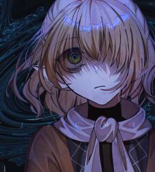 Rule 34 | 1girl, abstract background, bags under eyes, black shirt, blonde hair, brown shirt, closed mouth, commentary, frown, green eyes, hair between eyes, hair over one eye, highres, izumi 481, long bangs, mizuhashi parsee, parsee day, pointy ears, scarf, shirt, short hair, solo, touhou, undershirt, upper body, white scarf
