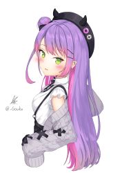 Rule 34 | 1girl, absurdres, blush, breasts, ear piercing, earrings, fang, frills, gouka, green eyes, hair bun, hat, highres, hololive, jewelry, long hair, long sleeves, looking at viewer, looking to the side, open mouth, piercing, purple hair, single hair bun, small breasts, straight hair, sweater, tokoyami towa, virtual youtuber