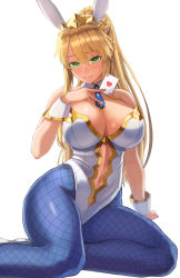 Rule 34 | 1girl, animal ears, artoria pendragon (all), artoria pendragon (fate), artoria pendragon (swimsuit ruler) (fate), bare shoulders, blonde hair, blue pantyhose, blush, braid, breasts, card, cleavage, detached collar, fake animal ears, fate/grand order, fate (series), fishnet pantyhose, fishnets, french braid, green eyes, highleg, highleg leotard, holding, holding card, kanki (kibunhasaikou), large breasts, leotard, long hair, looking at viewer, navel, pantyhose, playboy bunny, ponytail, rabbit ears, simple background, smile, solo, tiara, white background, white leotard, wrist cuffs