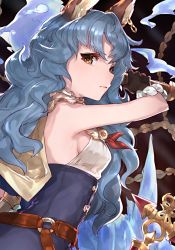 Rule 34 | 1girl, animal ears, bare shoulders, beppo (granblue fantasy), blue hair, breasts, brown eyes, brown gloves, closed mouth, double-breasted, earrings, ferry (granblue fantasy), from side, gloves, granblue fantasy, high-waist skirt, jewelry, looking at viewer, medium breasts, mika pikazo, neckerchief, nicola (granblue fantasy), sideboob, skirt, solo, standing, upper body, yellow eyes