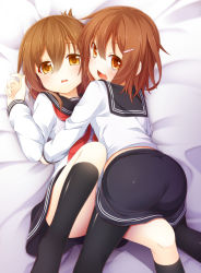 10s 2girls absurdres ass black_skirt blush brown_eyes brown_hair fangs folded_ponytail hair_ornament hairclip highres hug ikazuchi_(kancolle) inazuma_(kancolle) kantai_collection kneehighs leg_up long_sleeves looking_at_viewer lying multiple_girls neckerchief on_back open_mouth pantyhose red_neckerchief sailor_collar school_uniform serafuku short_hair skirt socks wakagi_repa yuri