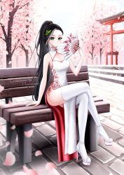 Rule 34 | 1girl, absurdres, black hair, cherry blossoms, china dress, chinese clothes, commission, dress, green eyes, hand fan, high heels, highres, holding, holding fan, long hair, moovalandi, nettle, original, ponytail, sitting, smile, solo, thighhighs, white dress