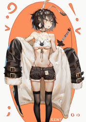 Rule 34 | !, 1girl, ?, absurdres, animal ears, animal print, bare shoulders, belt buckle, black coat, black shorts, black thighhighs, blush, breasts, breasts apart, brown hair, buckle, choker, coat, collarbone, commentary request, covered erect nipples, crop top, fur-trimmed coat, fur trim, hair ornament, highleg, highleg panties, highres, id card, kentllaall, legs apart, looking away, navel piercing, off shoulder, open mouth, original, oversized clothes, panties, piercing, rabbit ears, rabbit print, sheath, sheathed, short hair, shorts, small breasts, solo, standing, strap slip, sword, tattoo, thighhighs, underboob, underwear, weapon, white background