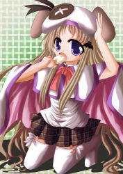 Rule 34 | 1girl, animal ears, bad anatomy, bad id, bad pixiv id, beret, blonde hair, blue eyes, cape, dog ears, eating, fang, fangs, hair ornament, hairclip, hat, large buttons, little busters!, long hair, noumi kudryavka, open mouth, plaid, plaid skirt, poorly drawn, school uniform, shiyou, silver hair, skirt, solo