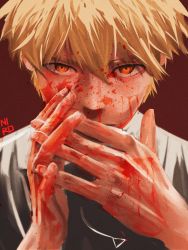 Rule 34 | 1boy, absurdres, blonde hair, blood, blood on face, blood on hands, brown background, chainsaw man, collared shirt, covering own mouth, denji (chainsaw man), highres, looking at viewer, male focus, niroxin, orange eyes, shirt, short hair, simple background, solo, white shirt