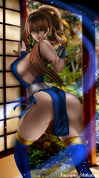 Rule 34 | 1girl, ass, breasts, dead or alive, highres, huge ass, inusimashikatsu, kasumi (doa), large breasts, looking at viewer, looking back, pelvic curtain, ponytail, sideboob, tree