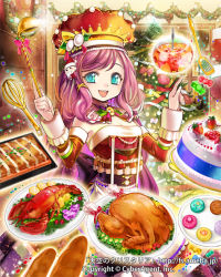 Rule 34 | 1girl, :d, bad id, bad pixiv id, blue eyes, bread, cake, chef hat, chicken (food), christmas, christmas stocking, christmas tree, christmas wreath, food, hair ornament, hat, holding, ladle, long hair, looking at viewer, official art, open mouth, original, popqn, purple hair, smile, solo, spatula, tenkuu no crystalia, very long hair, watermark, web address, whisk, window, wreath