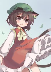 Rule 34 | 1girl, :o, ameshi (rzuw4482), animal ears, blush, brown eyes, brown hair, cat ears, cat tail, chen, commentary request, cowboy shot, dress, earrings, falling leaves, fingernails, gradient background, green hat, hat, highres, jewelry, leaf, light blue background, long sleeves, mob cap, multiple tails, nail polish, nekomata, petticoat, red dress, red nails, sharp fingernails, short hair, simple background, single earring, solo, standing, tail, touhou, two tails, wind, yellow neckwear