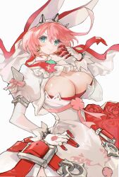 Rule 34 | 1girl, ahoge, animal ears, aqua eyes, belt, blush, bow, bracelet, breasts, breasts out, bridal veil, cleavage, cleavage cutout, closed mouth, clothing cutout, clover, dress, earrings, elphelt valentine, fake animal ears, fingernails over gloves, found modori, four-leaf clover, guilty gear, guilty gear xrd, hair between eyes, hairband, highres, huge ahoge, jewelry, large breasts, looking at viewer, pink bow, pink hair, rabbit ears, short hair, simple background, smile, solo, spiked bracelet, spiked hairband, spikes, veil, wedding dress, white background, white dress