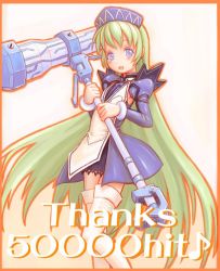 Rule 34 | 1girl, :d, armpits, blue eyes, blue skirt, blush, border, denjuu, green hair, hammer, headdress, huge weapon, long hair, long sleeves, looking at viewer, milestone celebration, musical note, open mouth, oversized object, phantasy star, phantasy star universe, puffy sleeves, quaver, simple background, skirt, smile, solo, text focus, thanks hits, thighhighs, very long hair, weapon, white thighhighs, zettai ryouiki