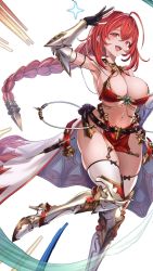 Rule 34 | armor, bikini armor, boots, breasts, cape, circlet, cleavage, collar, gauntlets, highres, loincloth, metal collar, midriff, one eye closed, original, pauldrons, red armor, red eyes, red hair, revealing clothes, shoulder armor, smile, volshichi
