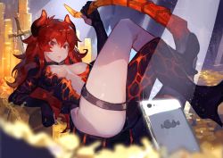 Rule 34 | 1girl, absurdres, blurry, blurry foreground, breasts, breasts apart, cave, cellphone, choker, coin, crossed legs, dola (nijisanji), dragon girl, dragon horns, dragon tail, glint, gold, hair between eyes, high heels, highres, holding, holding tail, horns, huge filesize, jewelry, light particles, light rays, long hair, lying, lava, necklace, nijisanji, on back, parted lips, phone, planted, planted sword, planted weapon, purple choker, red eyes, red hair, solo, sword, tail, thigh strap, thighs, treasure, treasure chest, uedrk yamato, virtual youtuber, weapon