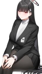 Rule 34 | 1girl, absurdres, arind yudha, black hair, black halo, black jacket, black pantyhose, blazer, blue archive, blush, closed mouth, hair ornament, hairclip, halo, highres, jacket, long hair, long sleeves, looking at viewer, pantyhose, red eyes, rio (blue archive), simple background, solo, sweater, very long hair, watch, white background, white sweater