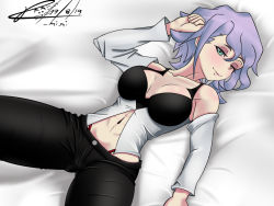 Rule 34 | 1girl, bed, black pants, blush, breasts, cleavage, closed mouth, collarbone, croix meridies, dated, green eyes, grey hair, groin, large breasts, little witch academia, looking at viewer, lying, navel, on back, on bed, one eye closed, panties, pants, red panties, short hair, silverxd001, smile, solo, underwear