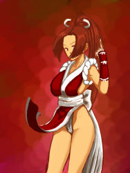 Rule 34 | 1girl, breasts, brown eyes, brown hair, fatal fury, hair over one eye, large breasts, pelvic curtain, revealing clothes, shiranui mai, snk, solo, the king of fighters