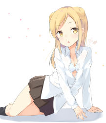 Rule 34 | &gt; o, 10s, 1girl, :o, :p, arm support, artist name, bad id, bad pixiv id, black socks, blonde hair, bra, breasts, cleavage, cone hair bun, demi-chan wa kataritai, double bun, fang, floral background, hair bun, kneehighs, long hair, looking at viewer, lying, mimura zaja, on side, one eye closed, open mouth, partially unbuttoned, pleated skirt, rabbit, school uniform, signature, simple background, sketch, skirt, small breasts, socks, solo, takanashi hikari, tongue, tongue out, underwear, white background, white bra, yellow eyes