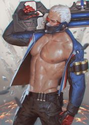 Rule 34 | 1boy, abs, bara, black pants, blue eyes, blue jacket, gloves, gun, handgun, holding, holding gun, holding weapon, jacket, looking at viewer, male focus, mask, muscular, muscular male, navel, nipples, open clothes, open jacket, overwatch, overwatch 1, pants, pectorals, penguin frontier, scar, scar on chest, scar on face, short hair, soldier: 76 (overwatch), solo, thigh strap, visor, weapon, white hair, zipper