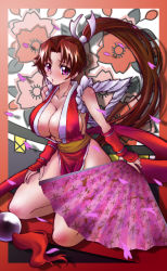 Rule 34 | 1girl, :o, blush, breasts, brown hair, cleavage, hand fan, fatal fury, folding fan, fujimaru arikui, highres, huge breasts, japanese clothes, long hair, pelvic curtain, ponytail, purple eyes, revealing clothes, shiranui mai, snk, solo, the king of fighters