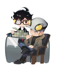 Rule 34 | 2boys, :&gt;, ahoge, amamiya ren, ankle boots, banknote, black hair, black jacket, black sweater, boots, brown coat, brown eyes, chair, chibi, chibi only, coat, cowlick, cross-laced footwear, denim, earrings, glasses, grey hair, grey headwear, hat, headphones, iwai munehisa, jacket, jeans, jewelry, long sleeves, looking at another, money, morgana (persona 5), multiple boys, naked cat, open clothes, open coat, pants, persona, persona 5, sideburns, sitting, smile, sweater, unbuttoned, white background
