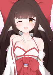 Rule 34 | absurdres, acullllll, animal ears, azur lane, bare shoulders, blush, brown hair, detached sleeves, hand on own chest, harutsuki (azur lane), highres, japanese clothes, long hair, miko, nontraditional miko, one eye closed, petals, red ribbon, ribbon, very long hair, white sleeves, yellow eyes