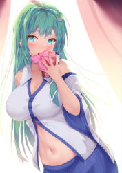Rule 34 | 1girl, aqua eyes, bare shoulders, blue skirt, blush, bow, box, breasts, cleavage, commentary request, curtains, detached sleeves, frog hair ornament, green hair, hair ornament, hair tubes, hand up, highres, holding, holding box, kochiya sanae, large breasts, long hair, long sleeves, looking at viewer, navel, pink bow, shirt, sidelocks, skirt, solo, stomach, tatsumiya kagari, touhou, upper body, white shirt, wide sleeves