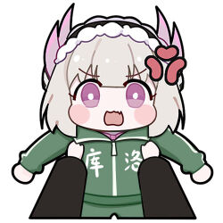 1girl 1other alternate_costume bow bowtie carrying carrying_under_arm chibi chibi_only china_tracksuit chinese_commentary commandant_(pgr) commentary_request euyueuy hair_ornament liv:_lux_(pgr) liv_(pgr) lowres maid_headdress meme_attire official_art pink_bow pink_bowtie pov pov_hands punishing:_gray_raven short_hair simple_background solo_focus straight-on upper_body white_background white_hair