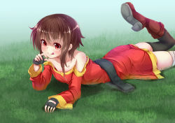 Rule 34 | 1girl, :q, ass, asymmetrical legwear, bandaged leg, bandages, bare shoulders, belt, black gloves, black thighhighs, boots, brown footwear, brown hair, collar, collarbone, dress, fingerless gloves, foot up, gloves, grass, kono subarashii sekai ni shukufuku wo!, long sleeves, looking at viewer, loose belt, lying, megumin, mismatched legwear, off-shoulder dress, off shoulder, on ground, on stomach, pantylines, rabittofaa, red dress, red eyes, short hair with long locks, single thighhigh, solo, taut clothes, taut dress, thighhighs, tongue, tongue out