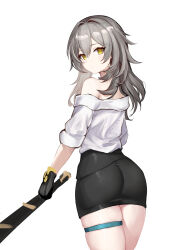 Rule 34 | 1girl, adapted costume, ass, ass focus, black gloves, expressionless, gloves, grey hair, hair between eyes, highres, holding, holding weapon, honkai: star rail, honkai (series), looking at viewer, medium hair, mini2chainz, shirt, sketch, skindentation, sleeve rolled up, sleeves rolled up, solo, stelle (honkai: star rail), thigh strap, thighs, trailblazer (honkai: star rail), weapon, white shirt, yellow eyes