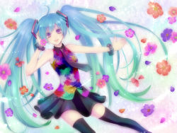 Rule 34 | 1girl, ahoge, aqua hair, bad id, bad pixiv id, flower, hatsune miku, highres, long hair, necktie, open mouth, outstretched arm, petals, purple eyes, skirt, solo, tell your world (vocaloid), thighhighs, twintails, very long hair, vocaloid, yamaneko514
