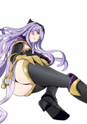 Rule 34 | 1girl, armor, ass, black thighhighs, boots, breasts, camilla (fire emblem), fire emblem, fire emblem fates, gloves, hair over one eye, high heel boots, high heels, highres, large breasts, light purple hair, long hair, lying, nintendo, on side, panties, parted lips, purple eyes, shiny skin, shoe soles, sideboob, smile, solo, thigh boots, thighhighs, underwear, yamauchi (conan-comy)