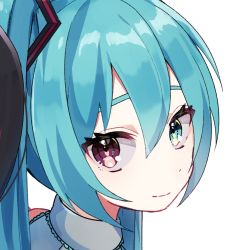Rule 34 | 1girl, aqua eyes, aqua hair, aqua theme, closed mouth, collared shirt, commentary, eyelashes visible through hair, grey shirt, hair between eyes, hatsune miku, heterochromia, highres, kusunokimizuha, light smile, long hair, looking at viewer, looking back, pink eyes, portrait, shirt, simple background, solo, symbol-only commentary, twintails, vocaloid, white background