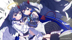 Rule 34 | 2girls, :o, black gloves, black thighhighs, black wings, blue bow, blue cape, blue eyes, blue hair, blue nails, blue ribbon, blush, bow, bow earrings, breasts, buttons, cape, chain, chain headband, cleavage cutout, closed mouth, clothing cutout, collar, colored inner hair, copyright name, crop top, detached sleeves, double-breasted, earrings, feathered wings, feathers, frills, gloves, hair intakes, halo, hand on another&#039;s hip, heart, hololive, hololive english, hololive idol uniform (bright), idol, idol clothes, jewelry, juliet sleeves, large breasts, long sleeves, looking at viewer, low wings, micro shorts, midriff, miniskirt, mochiko tsuru, multicolored hair, multiple girls, nail polish, official art, open mouth, ouro kronii, ouro kronii (1st costume), plaid, plaid skirt, pleated skirt, puffy sleeves, ribbon, shirt, short hair, shorts, sideboob, skindentation, skirt, sleeveless, sleeveless shirt, sleeveless turtleneck, smile, stomach, thighhighs, turtleneck, underboob, underboob cutout, veil, virtual youtuber, white bow, white skirt, white wings, wings
