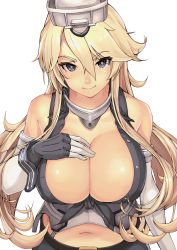 Rule 34 | 10s, 1girl, bare shoulders, blonde hair, blue eyes, breasts, cleavage, clothing cutout, detached sleeves, elbow gloves, fingerless gloves, front-tie top, gloves, hair between eyes, hair over shoulder, hand on own chest, iowa (kancolle), kantai collection, large breasts, miniskirt, navel cutout, open mouth, sidelocks, siesta (artist), skirt, solo, star-shaped pupils, star (symbol), symbol-shaped pupils, upper body