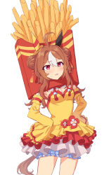 Rule 34 | 1girl, absurdres, adapted costume, alternate eye color, animal ears, banpunsik, bloomers, blush, breasts, brown hair, cleavage, commentary request, copano rickey (umamusume), cowboy shot, detached sleeves, double bun, dress, ear covers, ear ornament, food, french fries, frilled dress, frills, hair bun, hair ornament, highres, horse ears, horse girl, horse tail, long sleeves, medium breasts, medium hair, open mouth, red eyes, simple background, solo, sweat, tail, tassel, tassel hair ornament, umamusume, underwear, white background, white bloomers, yellow dress