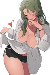Rule 34 | 1girl, black shorts, blush, borrowed clothes, breasts, cleavage, clothes lift, collared shirt, dolphin shorts, dress shirt, facial scar, green hair, hand to own mouth, heart, highres, large breasts, long hair, lvemhrd, midriff peek, navel, open clothes, open shirt, original, scar, scar on cheek, scar on face, shirt, shirt lift, shorts, solo, thighs, white background, white shirt