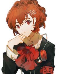 Rule 34 | 1girl, absurdres, armband, black jacket, bow, bowtie, brown eyes, brown hair, closed mouth, collared shirt, hair ornament, hand up, headphones, highres, hikawayunn, jacket, long sleeves, looking at viewer, persona, persona 3, red bow, red bowtie, shiomi kotone, shirt, short hair, smile, solo, upper body, white background, white shirt, x hair ornament