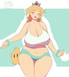 Rule 34 | 1girl, ^ ^, animated, artist name, blonde hair, blush, bouncing breasts, breasts, cleavage, closed eyes, coffeeslice, collarbone, cowboy shot, crop top, crown, curvy, dancing, happy, huge breasts, long hair, looping animation, luma (mario), mario (series), motion lines, navel, nintendo, open mouth, plump, rosalina, signature, simple background, smile, sportswear, super mario galaxy, thick thighs, thighs, video, wide hips