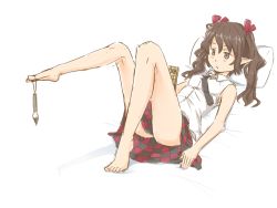 Rule 34 | 1girl, bare legs, barefoot, brown hair, calligraphy brush, cellphone, checkered clothes, checkered skirt, female focus, full body, hair ribbon, himekaidou hatate, holding with feet, kawashina (momen silicon), long legs, lying, necktie, on back, paintbrush, phone, pillow, plantar flexion, pointy ears, ribbon, shirt, sketch, skirt, sleeveless, sleeveless shirt, solo, touhou, twintails, white shirt