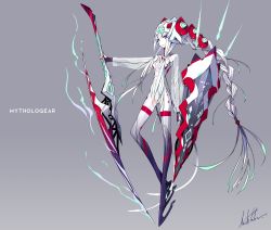 Rule 34 | 1girl, absurdres, blue eyes, braid, breasts, expressionless, facial mark, fingernails, full body, grey background, hair ornament, headgear, highres, holding, holding weapon, long hair, looking at viewer, mecha musume, original, pale skin, palow, red pupils, see-through, sharp fingernails, signature, skin tight, small breasts, solo, sword, very long hair, weapon, white hair