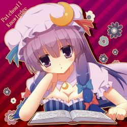 Rule 34 | 1girl, book, bow, breasts, character name, cleavage, crescent, crescent hair ornament, elbow rest, hair bow, hair ornament, hat, hat bow, iroha tooko, lying, on stomach, patchouli knowledge, purple eyes, purple hair, solo, touhou