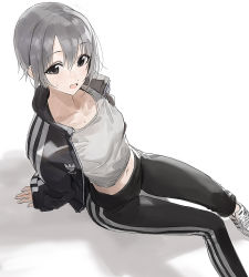 Rule 34 | 1girl, arm support, black eyes, blush, collarbone, commentary, grey hair, idolmaster, idolmaster cinderella girls, jacket, looking at viewer, modare, navel, open clothes, open jacket, open mouth, otokura yuuki, pants, shadow, shoes, short hair, simple background, sitting, smile, sneakers, solo, sweat, tank top, track jacket, track pants, white background