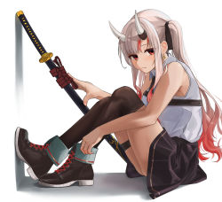 Rule 34 | 1girl, absurdres, bare arms, black ribbon, black thighhighs, brown footwear, brown skirt, brown thighhighs, closed mouth, earrings, from side, full body, gradient hair, grey hair, hair ribbon, highres, hololive, jewelry, long hair, looking at viewer, looking to the side, micon, miniskirt, multicolored hair, nakiri ayame, nakiri ayame (streetwear), red eyes, red hair, ribbon, sheath, sheathed, shirt, shoes, sidelocks, skirt, sleeveless, sleeveless shirt, solo, streaked hair, sword, thigh strap, thighhighs, twintails, very long hair, virtual youtuber, weapon, white shirt