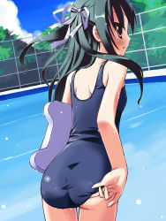 Rule 34 | 1girl, adjusting clothes, adjusting swimsuit, ass, black hair, blush, brown eyes, chain-link fence, fence, flat chest, from behind, haoriya chie (minidraco), highres, long hair, looking back, minidraco, one-piece swimsuit, original, pool, ribbon, school swimsuit, solo, swimsuit, twintails, wet, wet clothes