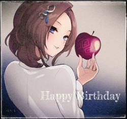 Rule 34 | 1girl, apple, arm at side, artist name, assault lily, blue background, brown hair, commentary, food, framed, from behind, fruit, gradient background, grey background, hair ornament, hand up, happy birthday, holding, holding food, holding fruit, hotaru (ultraroly poly), jacket, jewelry, long sleeves, looking at viewer, looking back, medium hair, nakahara mary tomoyo, outside border, parted bangs, parted lips, purple eyes, ring, smile, solo, upper body, white jacket