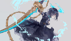 Rule 34 | 1girl, alice (sinoalice), blue dress, blue gloves, blue hair, breasts, closed mouth, dress, elbow gloves, gloves, grey background, hair between eyes, headband, highres, holding, holding sword, holding weapon, kageaki (keikuroe), looking at viewer, red eyes, short hair, short sleeves, simple background, sinoalice, solo, sword, weapon