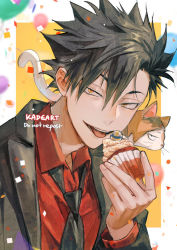 Rule 34 | 1boy, artist name, balloon, black hair, black jacket, black necktie, cat, collared shirt, commentary, confetti, cupcake, eyebrows hidden by hair, food, haikyuu!!, hair between eyes, holding, holding food, jacket, kadeart, kozume kenma, kuroo tetsurou, looking at viewer, loose necktie, lower teeth only, male focus, necktie, open mouth, parted bangs, red shirt, shirt, short hair, symbol-only commentary, tabby cat, teeth, tongue, tongue out, upper body, upper teeth only, yellow eyes