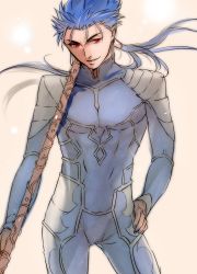 Rule 34 | 1boy, armor, blue bodysuit, blue hair, bodysuit, cowboy shot, cu chulainn (fate), earrings, fate/stay night, fate (series), gae bolg (fate), hair strand, hand on own hip, holding, holding spear, holding weapon, jewelry, jun (ash), cu chulainn (fate/stay night), long hair, looking at viewer, male focus, pauldrons, polearm, ponytail, red eyes, shoulder armor, smile, solo, spear, weapon