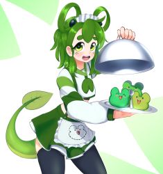 Rule 34 | 1girl, :d, apron, black thighhighs, blush, commentary, cowboy shot, english commentary, freckles, frog, green eyes, green hair, green neckerchief, highres, holding, lily (chey), long sleeves, looking at viewer, maid, maid headdress, medium hair, neckerchief, open mouth, original, serving dome, shirt, smile, solo, spoon, symbol-shaped pupils, tail, thighhighs, tray, waist apron, white apron, yoako