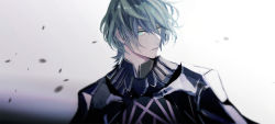 Rule 34 | armor, black armor, black cape, byleth (fire emblem), byleth (male) (fire emblem), cape, fire emblem, fire emblem: three houses, green eyes, green hair, looking to the side, nintendo, short hair, simple background, tsukimura noe, upper body, white background