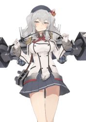 Rule 34 | 10s, 1girl, blush, breasts, cannon, gloves, grey eyes, hat, hayashi kewi, kantai collection, kashima (kancolle), large breasts, long hair, long sleeves, looking at viewer, mecha, military, military uniform, pleated skirt, riding crop, robot, shirt, silver hair, skirt, smile, solo, twintails, uniform, upskirt, white gloves